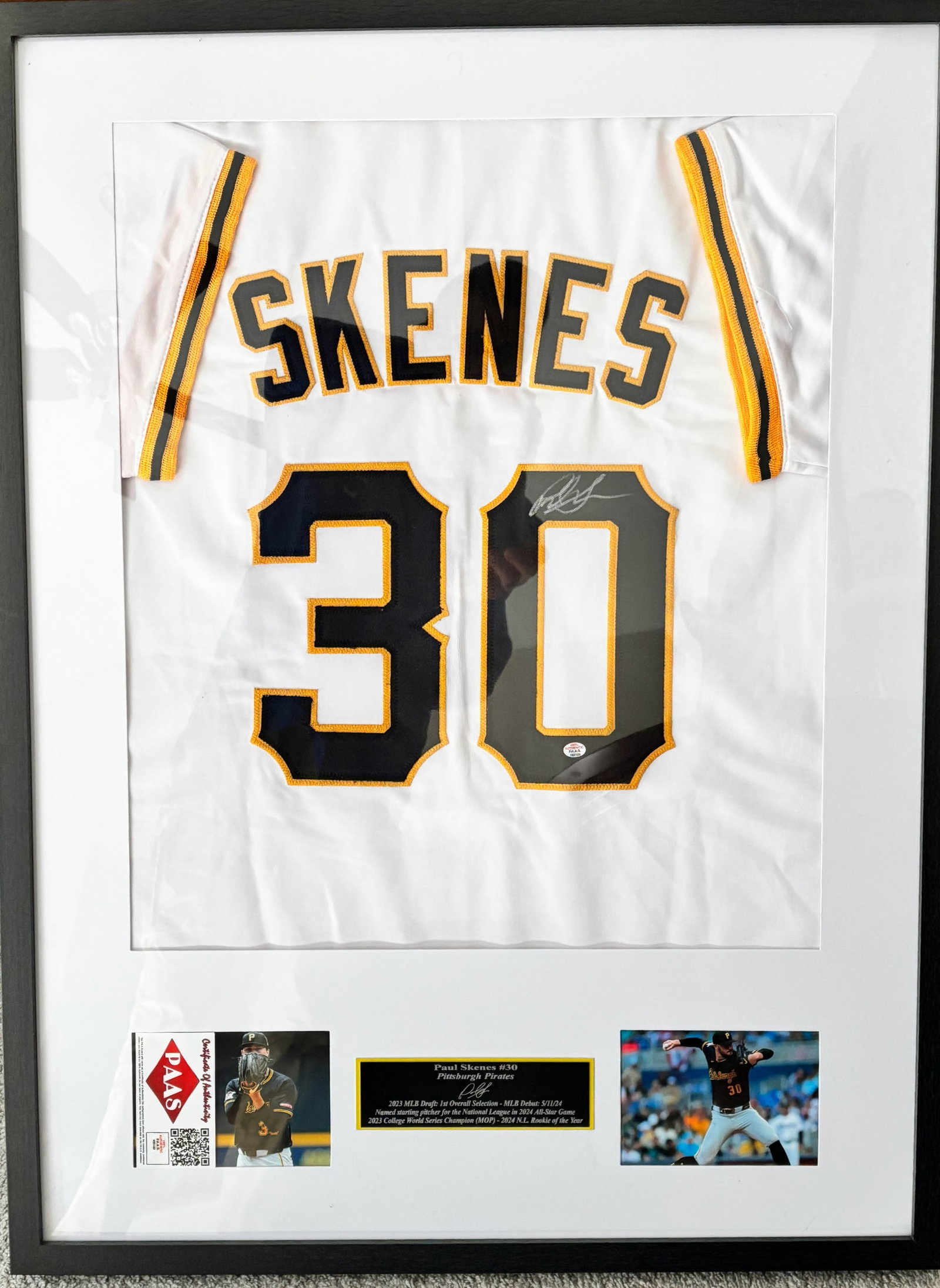 Framed Paul Skenes Autographed Jersey COA: See photos
