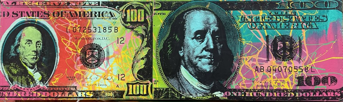 Steve Kaufman - Dual Image 100 Dollar Bill; 122/150 AP: Signed in Verso SK. An artist derivative of Warhol, Kaufman is looked on in some circles as his successor. His brightly colored silk-screen paintings seem to celebrate familiar icons and symbols as hi