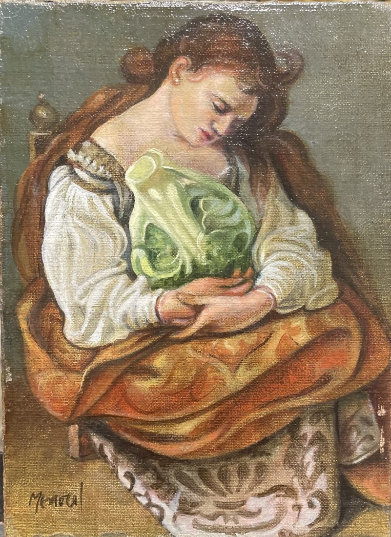 Armando Menocol - Untitled (Woman with Cabbage): Armando Menocol is a Cuban artist born in 1889. Menocol was one of the most prominent Cuban painters of the 19th century. Signed 'Menocol' lower right. Oil on canvas applied to board.