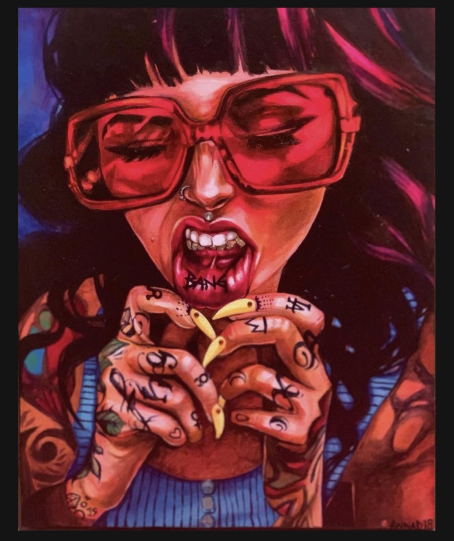 Artist Anna Duvall - My Baby Shot Me Down: Anna Duvall is a graffiti style artist that paints in a realist manner. She is known for the glossy finish that covers her paintings on wood. Her paintings have a dive bar quality to them and she has