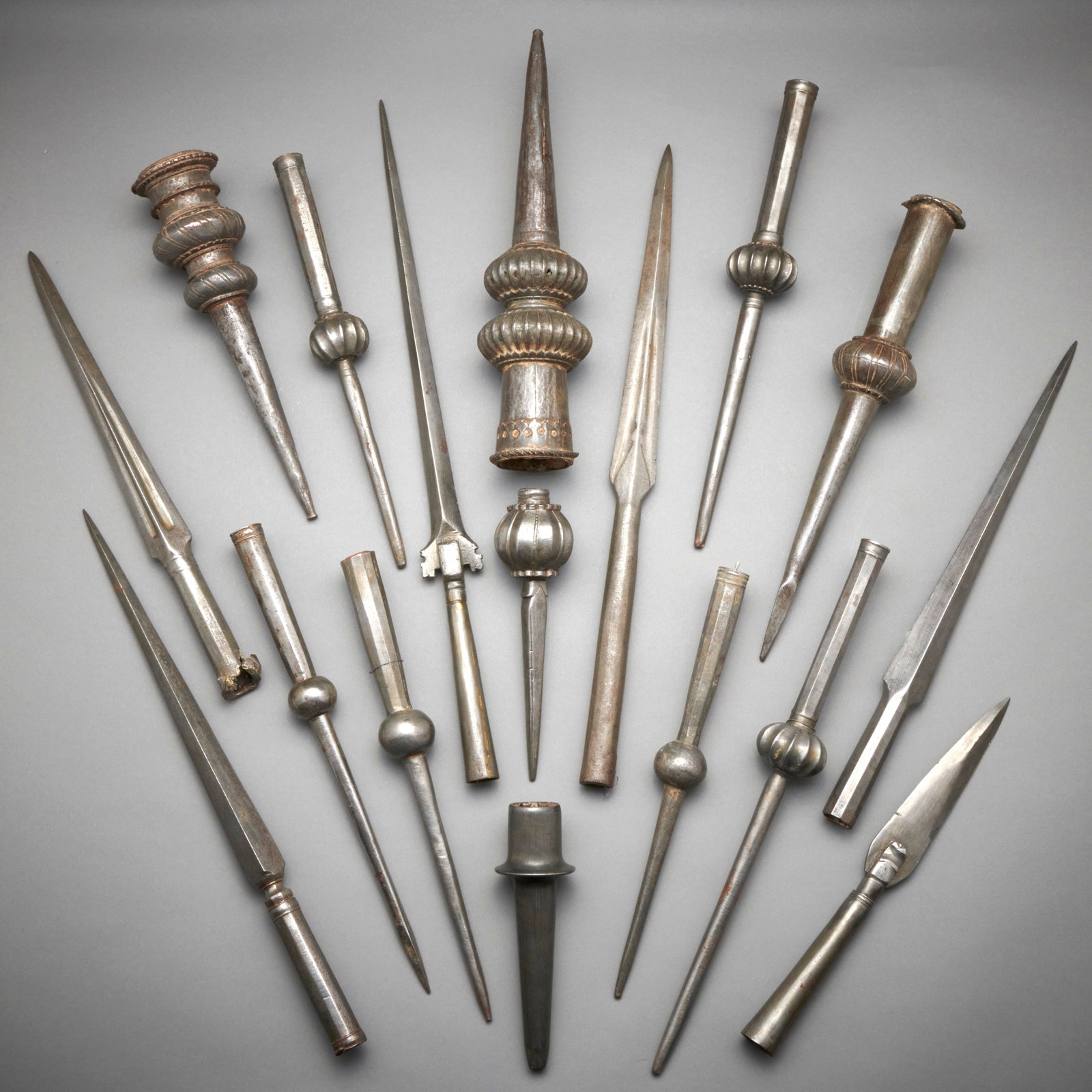 Collection Of Indo-Persian Spears And Butts: India, Circa 18th century, an interesting collection of 6 steel spear heads and 11 spear butts. Some small defects but overall good condition, as shown. Longest 18 1/4 in. Shipping within the continen