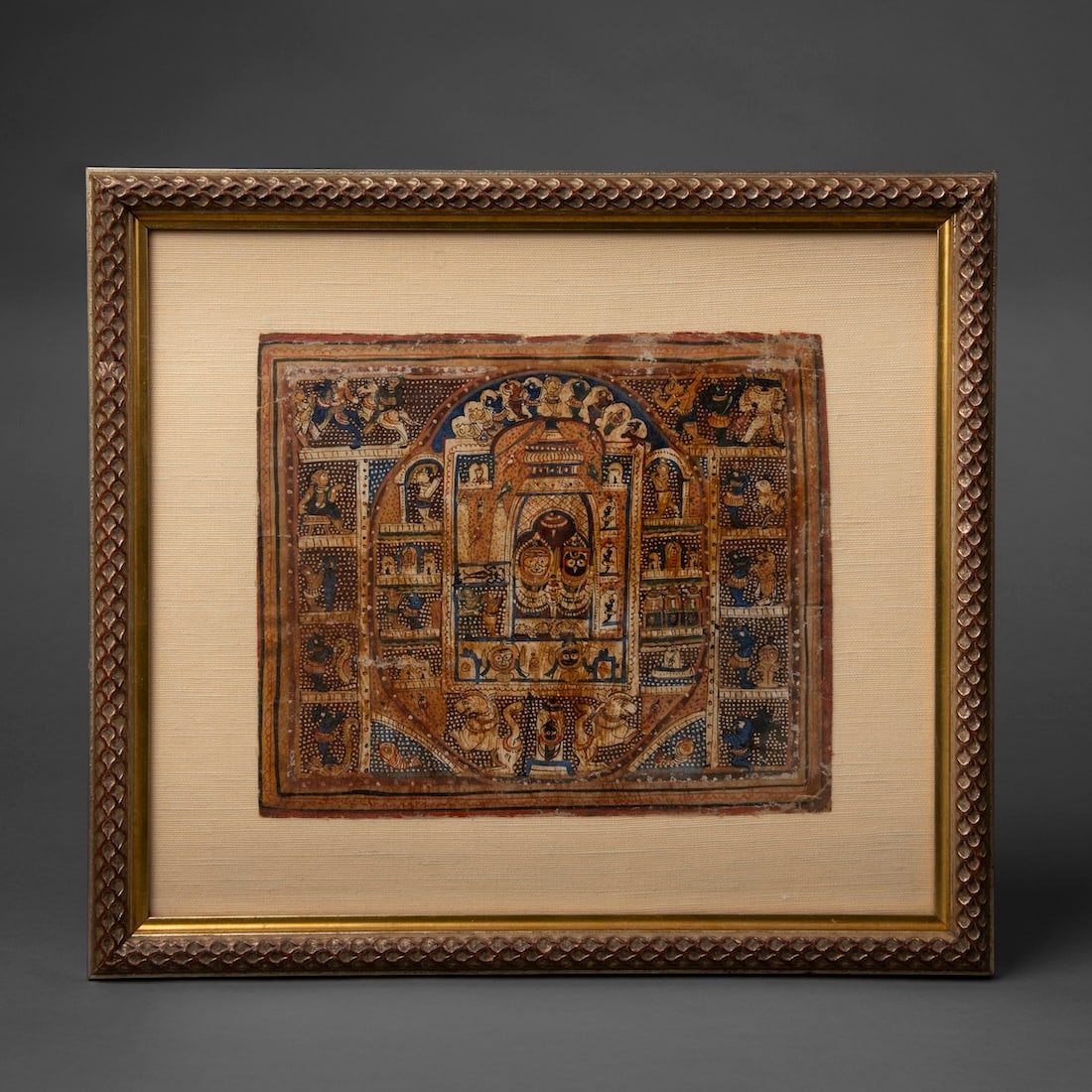 An Indian Temple Painting: 19th century, or earlier, Jagannath style, Puri temple plan painting, on paper, of various deities and creatures in multiple colors, minor paint loss, framed. Size of painting 8 3/4 x 10 1/4, size of 