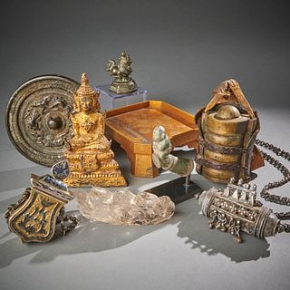 A Varied Group of Asian Antiques: Various cultures and dates, including a bronze Chinese mirror and rock crystal brush rest, Khmer knife handle /stamp seal in the form of a monkey, a Japanese miniature lacquer stand, an ‘opium’ we