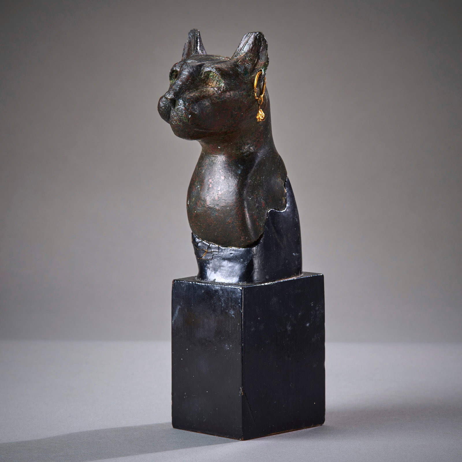 An Egyptian Bronze Cat Bust: 26th Dynasty, with deep inset eyes, formerly inlaid, both ears pierced, with a gold earring in one, the face with alert expression, with indication of whiskers. Restoration to tip of proper left ear, 