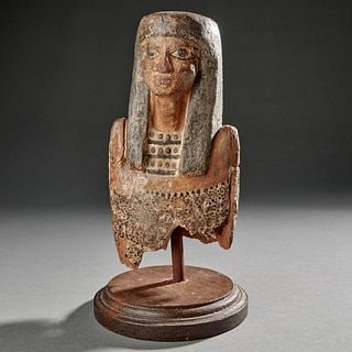 An Egyptian Wood Bust: Late Period/Ptolemy 5th to 3rd century B.C., the upper portion of a figure of Ptah -Soker-Osiris, with mortise hole of crown for attachments of now missing plumes. Much polychrome remaining. Fragmente