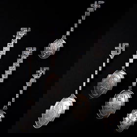 Five Navajo (Diné) silver spoons: Five silver spoons each decorated with stamp work including crosses arrows and whirling logs, each with whirling log finial. Lg. 5 ¼, 4 ¾, 4 ¼, and 3 ½ in. Gross weight app