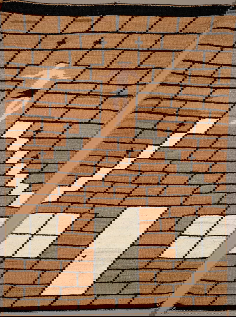 A Navajo (Diné) pictorial textile: Woven in handspun wool depicting a man raised above a church or mission, the door below between two windows, with crosses alongside the figure and church. Colored in tan, cream, and black, the stepped