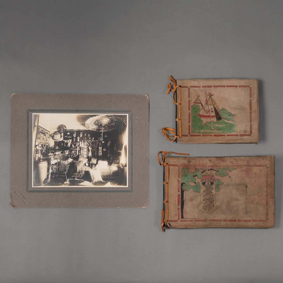 A collection of Frank Bennett Fiske photographs of Native Americans: Extensive photographic and documentary group including two early leather-bound albums with Native-themed painted covers, containing numerous original photographs depicting Plains Indian subjects, rese