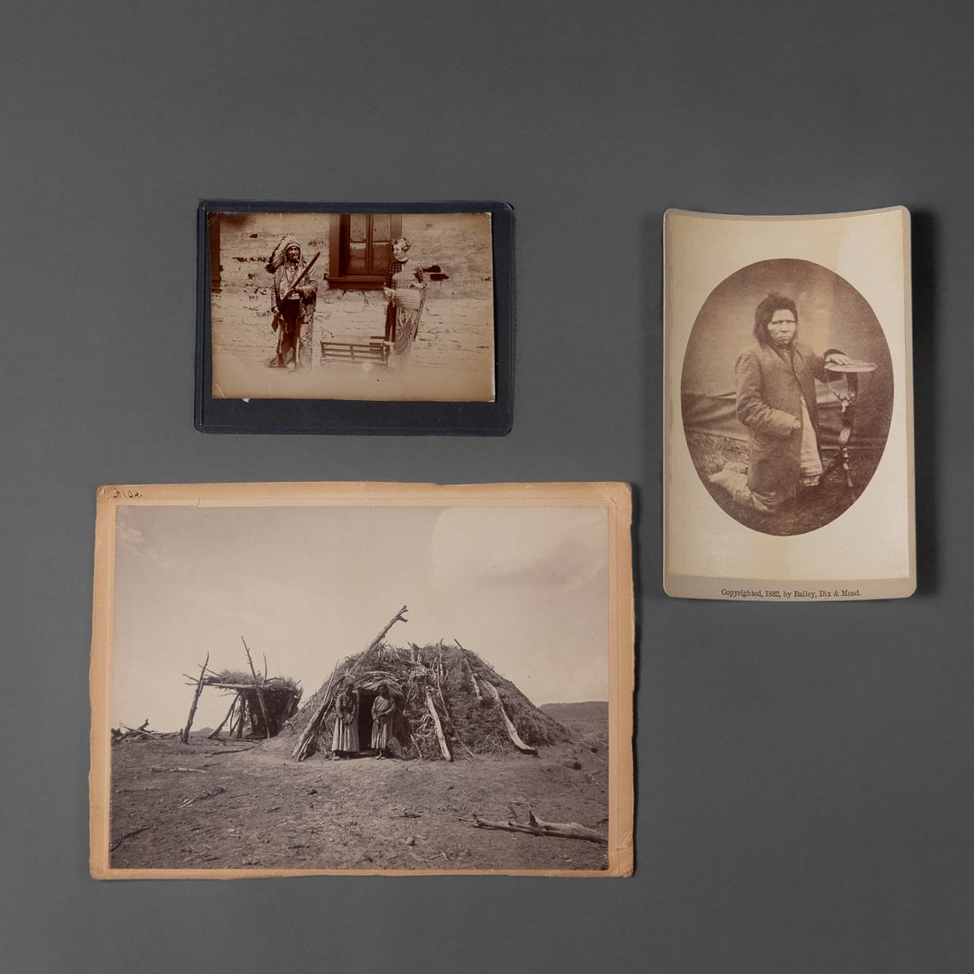 A group of three 19th century photographs: Including a cabinet card by Bailey, Dixon & Meade, Fort Randall, Dakota Territory, 1882, an albumen print depicting a Plains Indian man in full regalia with an Anglo woman, and a large-format print of