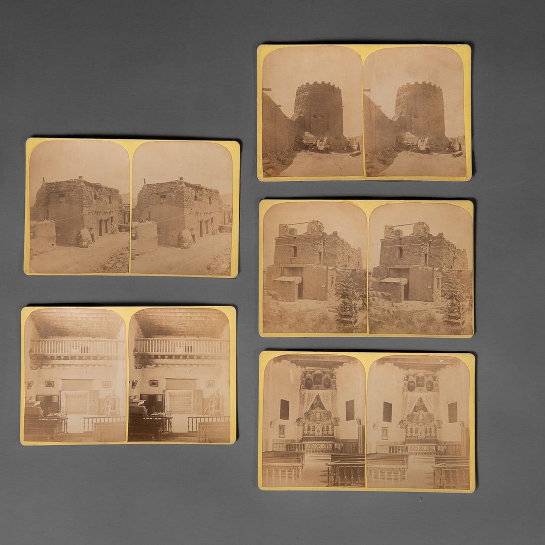 A group of 5 (early) Santa Fe NM stereo view cards ancient landmarks: Group of five early stereo view cards of Santa Fe, New Mexico, depicting historic landmarks including “Rear of the Old San Miguel Church,” “Front of the Old San Miguel Church,” “Old