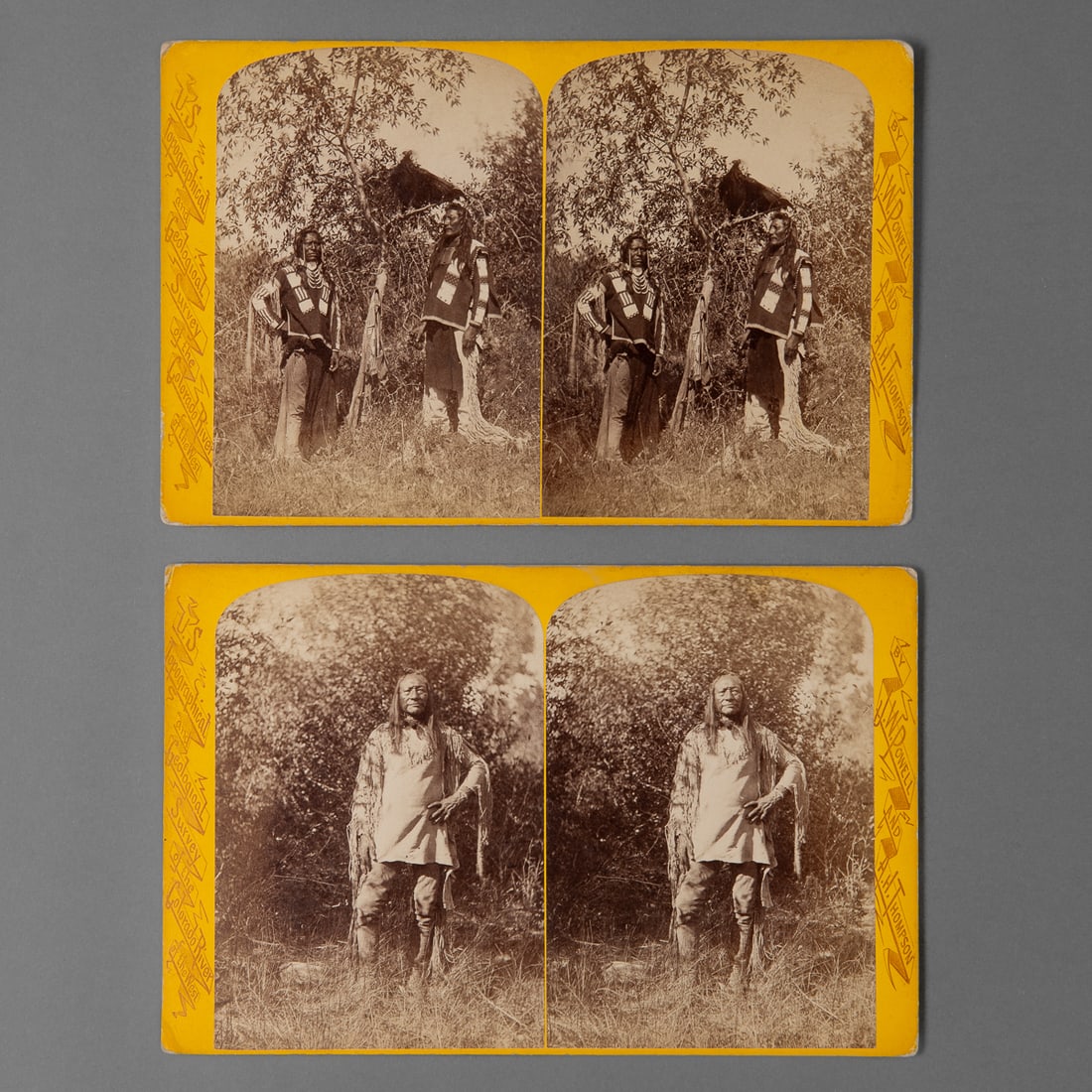 Two Large Stereo views: 19th century, from the “Indians of the Colorado Valley” series by John K. Hillers, depicting Ute Indians of the Western Slope of the Wasatch Mountains, in Utah. Both mounted on original cardst