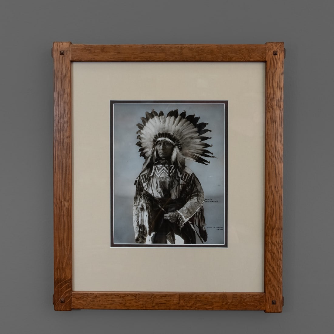 A F.A. Rinehart photograph: Frank Albert Rinehart (February 12, 1861 – December 17, 1928). A portrait of White Whirlwind by F. A. Rinehart, dated 1900, Omaha. Rare printer's proof. Framed under glass. Size of the photo 9 1/2