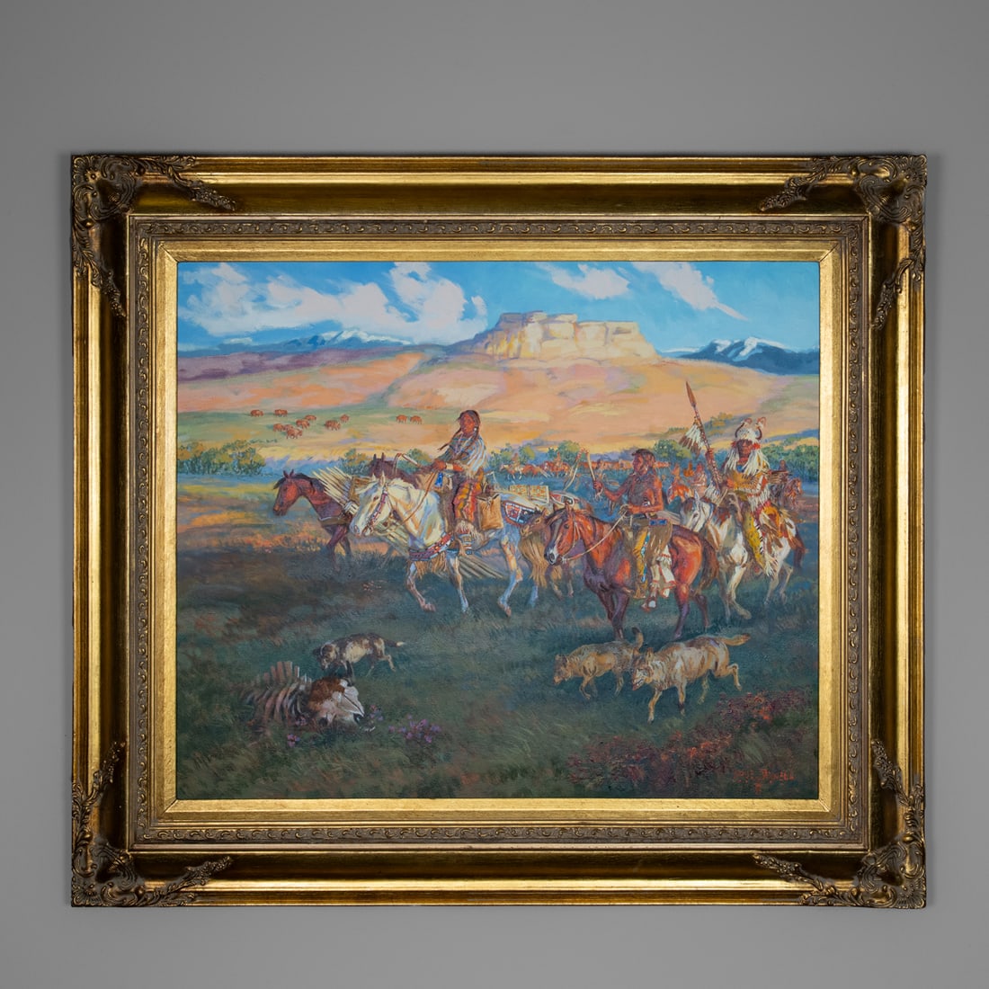 A Dave Powell oil on canvas: "Pageant of the Past," oil on canvas, signed lower right "Dave Powell," depicting a group of Plains warriors on horseback moving through an open grassland with distant buttes and snowcapped peaks