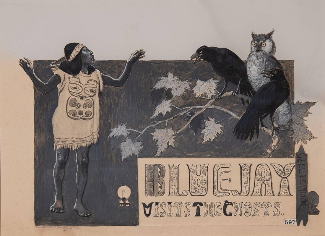 E.W Deming Painting “Blue Jay Visits the Ghosts: Work on paper card stock, gouache, depicting an old legend with a woman visiting three birds, one owl and two blue jays. Signed lower right " E W Deming." The woman wears a basket around her forehead