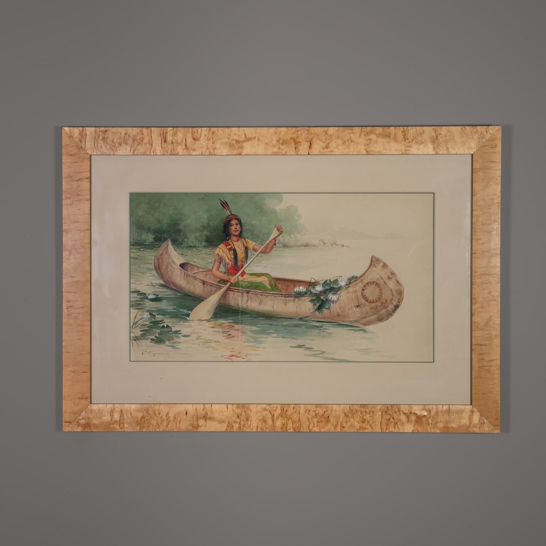 A Kenneth M. Chapman Watercolor: Kenneth M. "Chap" Chapman (1875–1968), American artist who spent considerable time in the Santa Fe and the Southwest. Watercolor painting depicting a Native American woman paddling a canoe on calm w