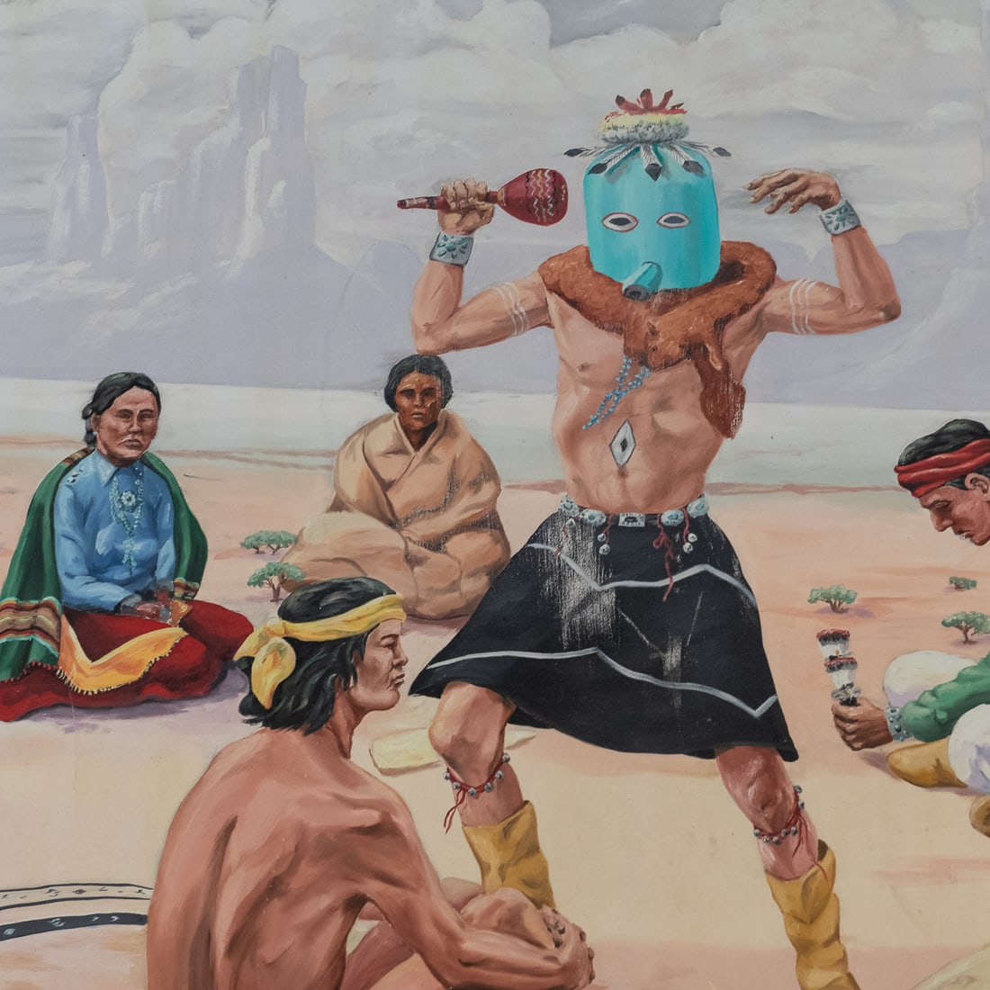 A large mural painting by F R Wagner: A very large mural oil on canvas painting depicting scenes of healing in Native American life, signed lower right "F.R. Wagner April 1959." Ht. 83 1/2 in., lg. 27 ft, 8 in.