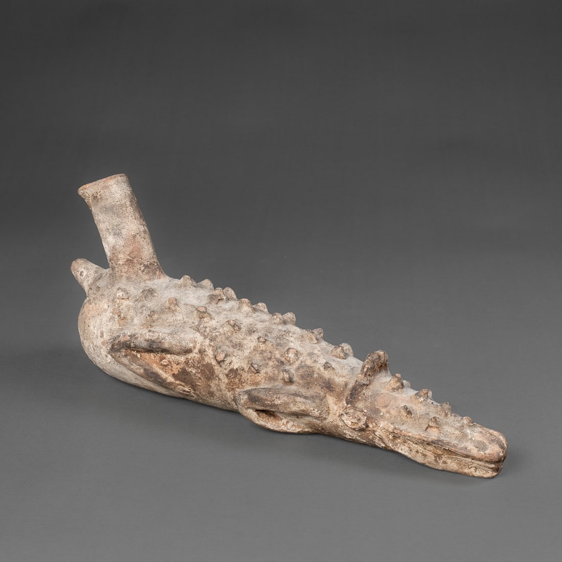 A Costa Rican alligator vessel: Pre-Contact, Costa Rica, the ceramic vessel depicting body of alligator with four bent legs, protruding skin detailing, eyes on either side of body, with long snout with banded mouth, butthole at