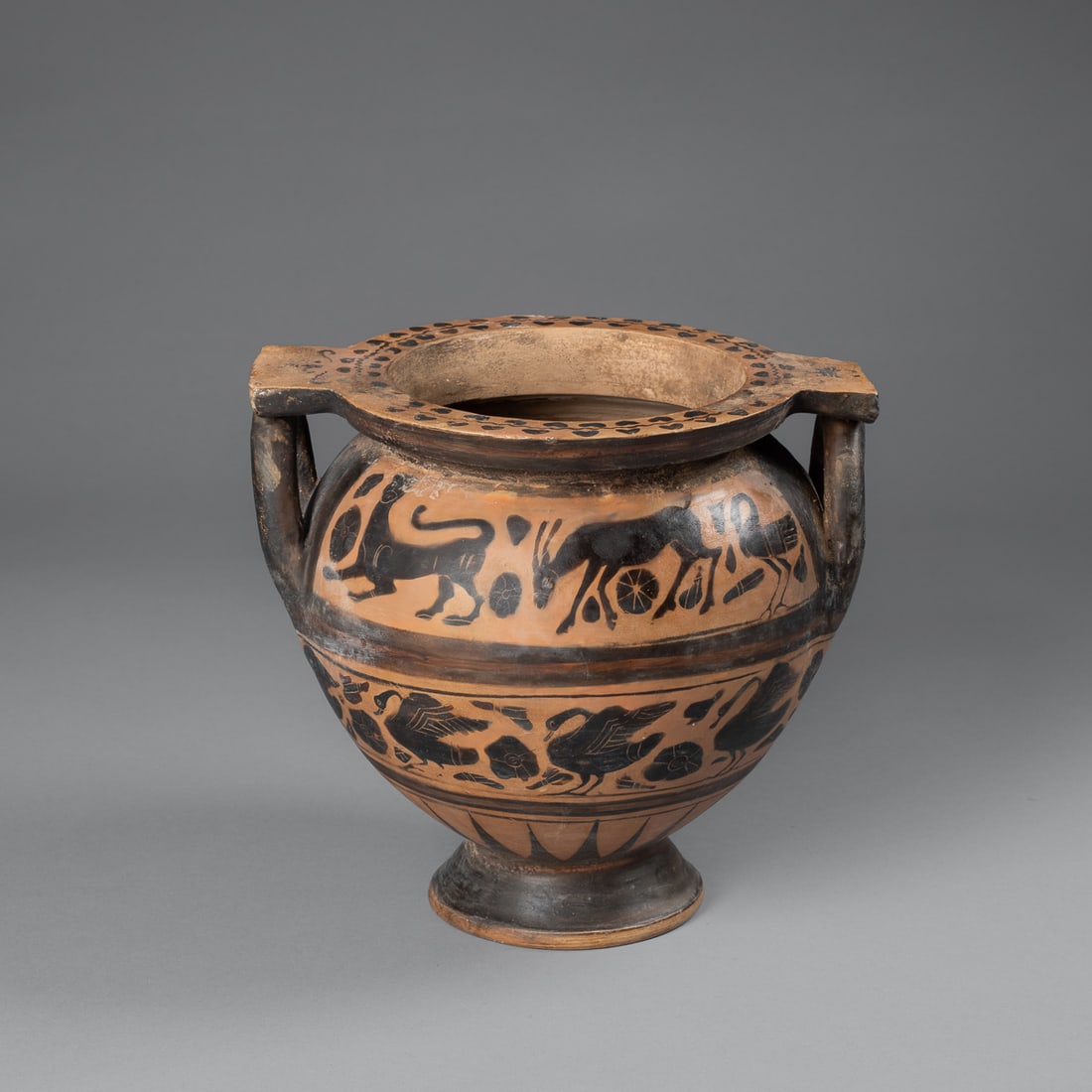 A Corinthian black figure column-krater: Circa 500 B.C., decorated with silhouetted black animal friezes and ornamental motifs on a light clay background. Ht. 7 1/2, wd. 8 1/8 in. Provenance: Private collection, Albuquerque, New Mexico;