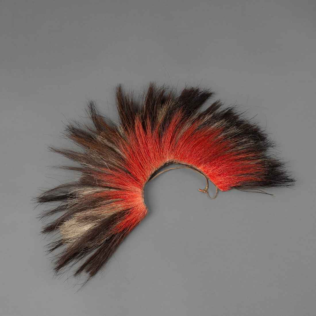 A Northern Plains roach: Fourth quarter 19th century, Northern Plains, the hair adornment dyed red, white, and black, hand sewn together with leather attachment. Interior lg. 6 ¾, exterior lg, 24 in. Provenance: