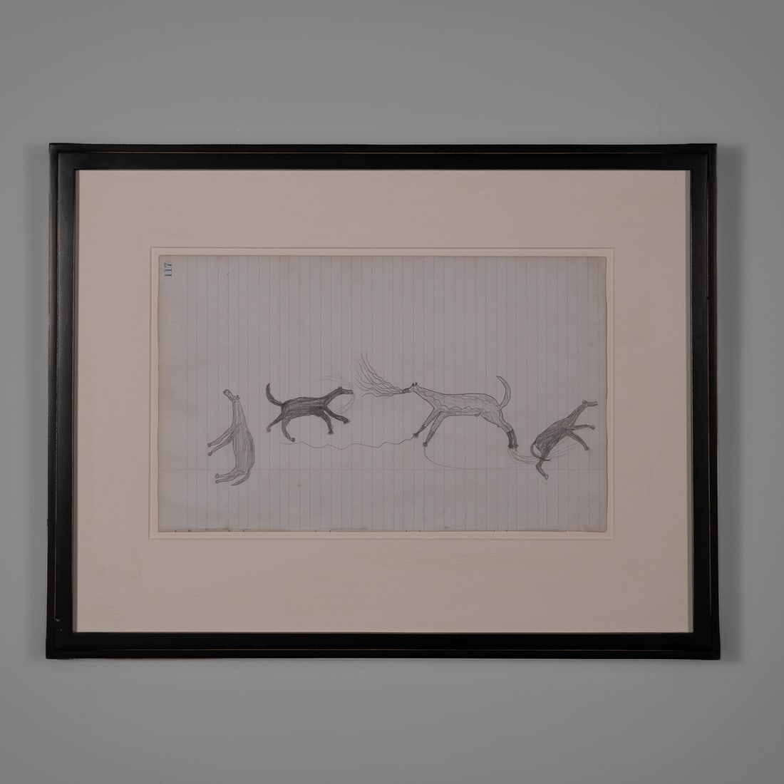 A Northern Plains ledger drawing: Unknown artist, Sioux, circa 1880, four Animals, two with Spirit Lines, page 117 from the Black Book Ledger, graphite on blue lined paper, size of sheet 13 1/2 x 8 1/4, size of frame. Provenance: The