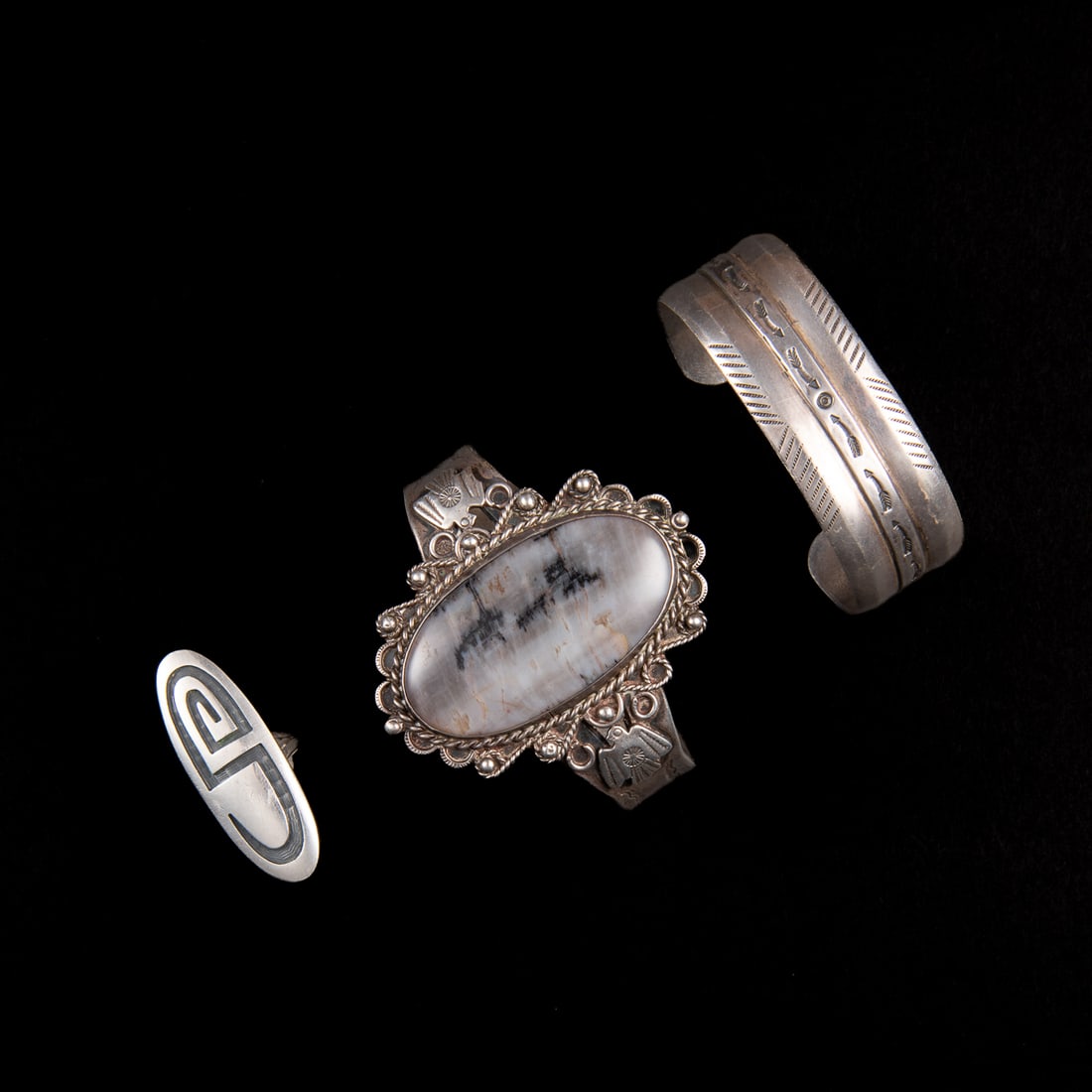 Two Navajo silver cuffs and Hopi ring (1 of 5)