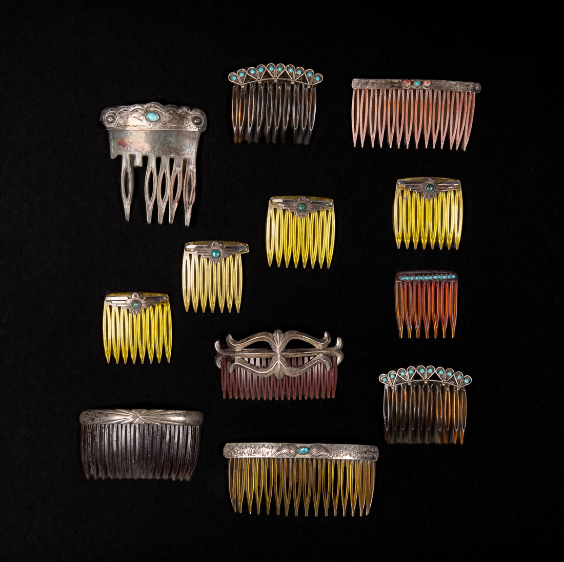 A collection of twelve Navajo silver and turquoise combs (1 of 2)