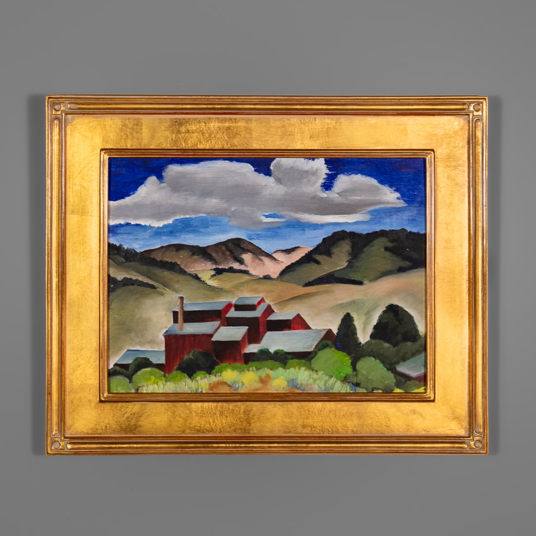 Virginia True Landscape: Virginia True (Colorado, Massachusetts, Missouri 1900-1989), New Mexican landscape, oil on canvas board, unsigned with Virgina True estate stamp verso, framed. Size of painting,12 x 16, size of frame