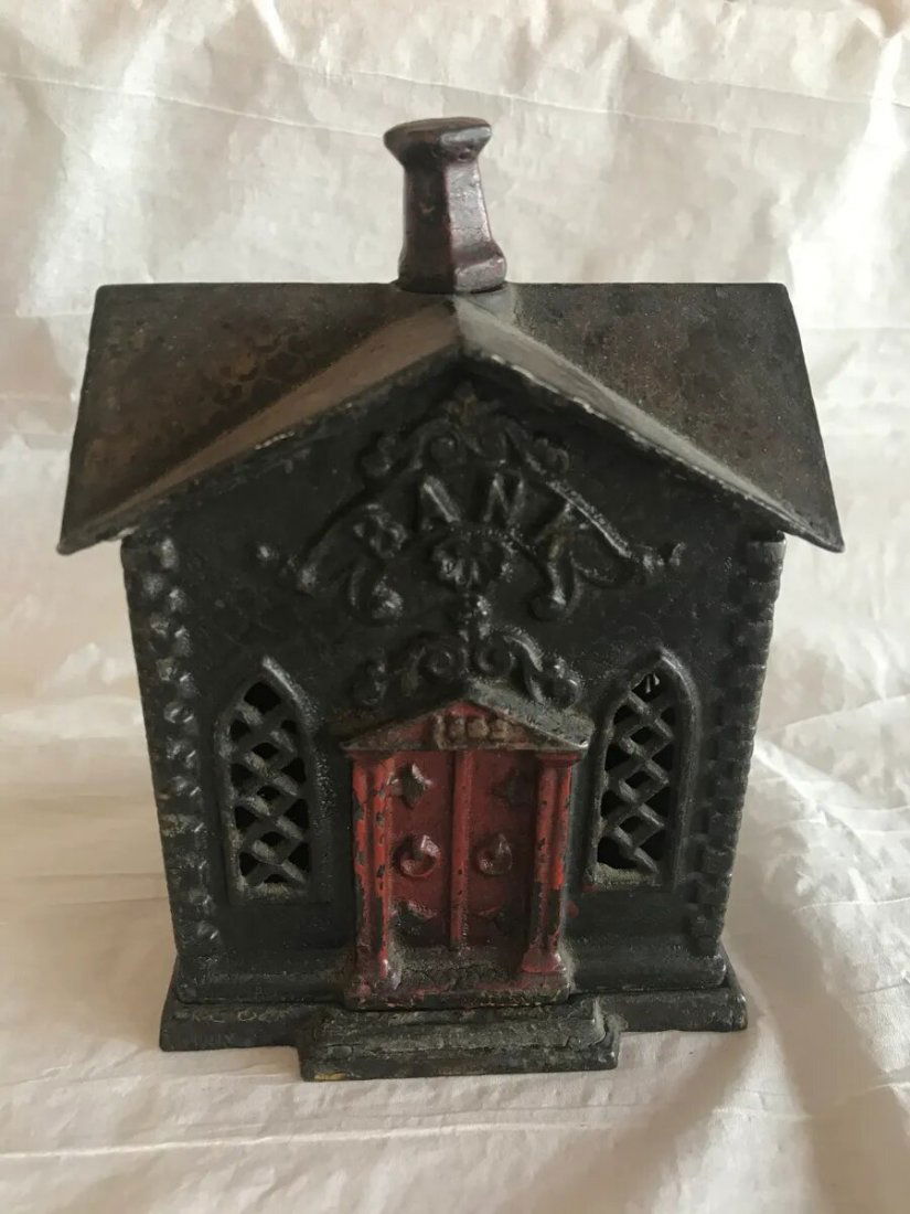 Rare Cast Iron Church Bank w/ Red Door (1 of 7)