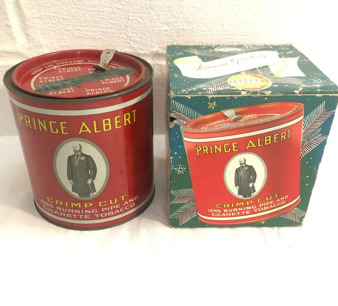 Prince Albert Crimp Cut Tobacco Tin w/ Original Box: 5.25" diameter 5.5" tall