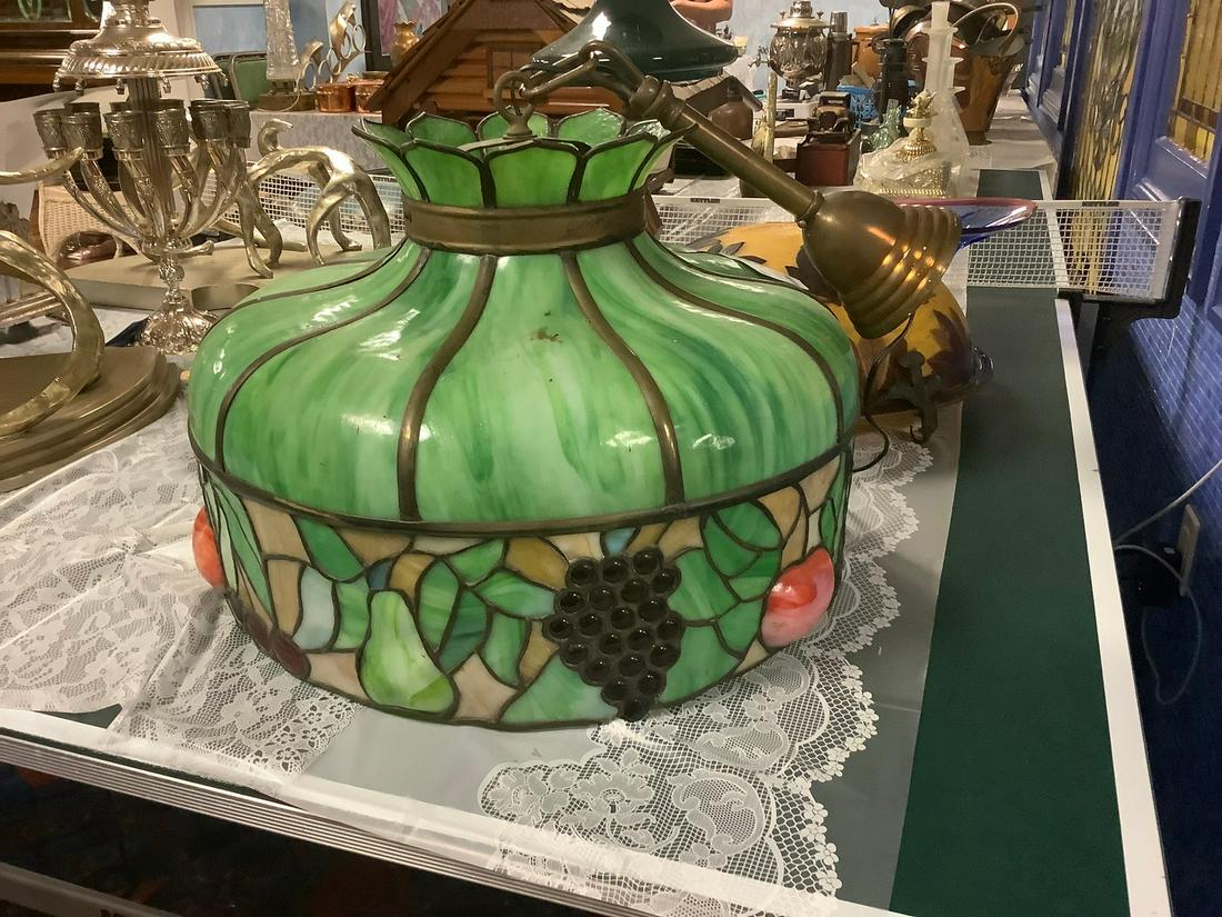 Hanging Lamp: Green slag glass, and colored leaded glass hanging light fixture, some cracked panels.