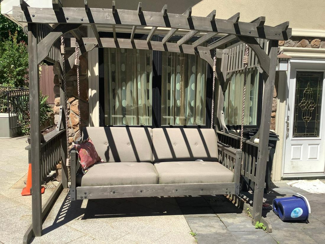 Wood Patio Swing: Wood Patio Swing, 60" deep, 96" wide, 86" tall.