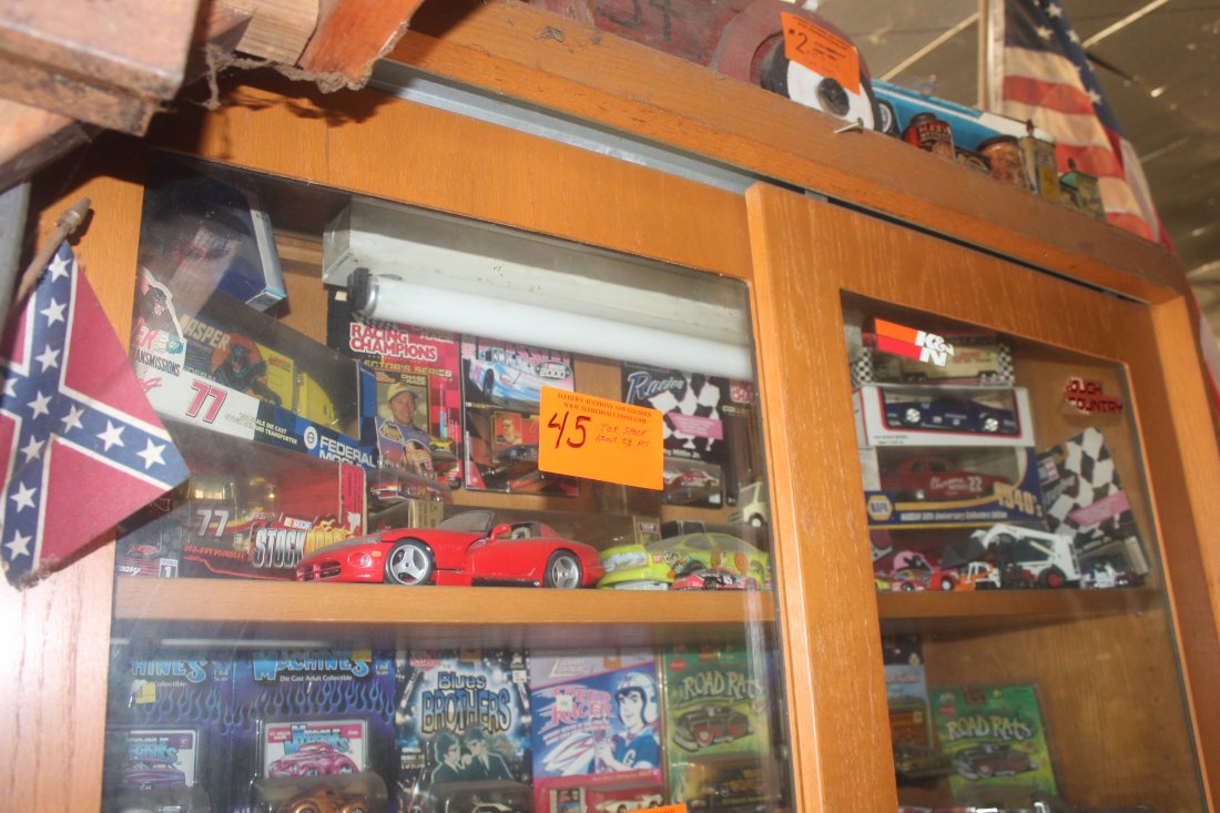 Scale Cars: Top shelf of show case, #77 Bobby Hillin, #77 Jasper, #12 Dodge, Jasper 77 hauler, Viper, 77 hot rod,