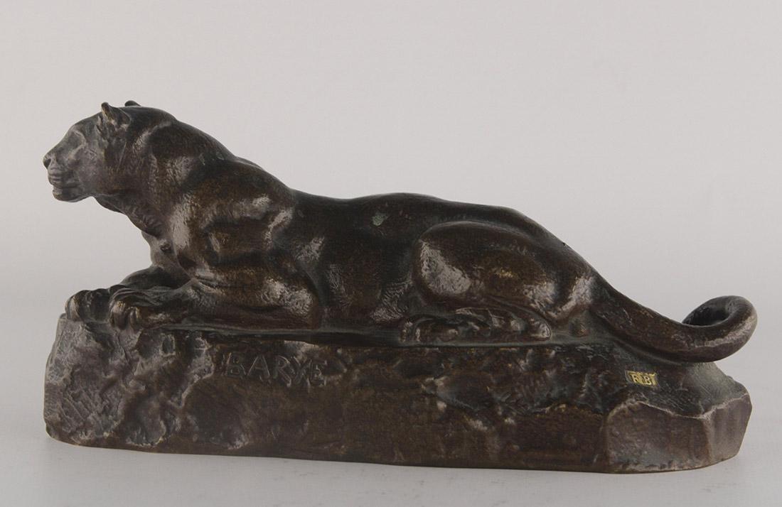 French bronze panther sculpture signed Barye by the foundry of Ferdinand Barbedienne (FB): Bronze panther signed Barye by the foundry of Ferdinand Barbedienne (FB). Barbedienne acquired the cast of this model at the auction after Barye's death in 1875, and this example was executed shortly