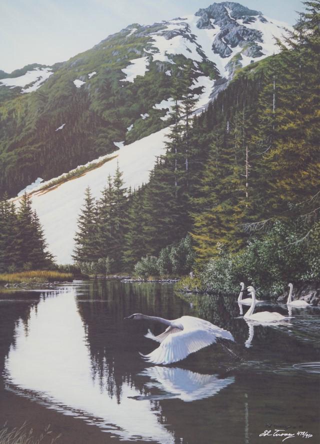 Ed Tussey signed and numbered print: Ed Tussey signed and numbered print, "Swans" 478/950, print size 25" x 19.25" (P 36)