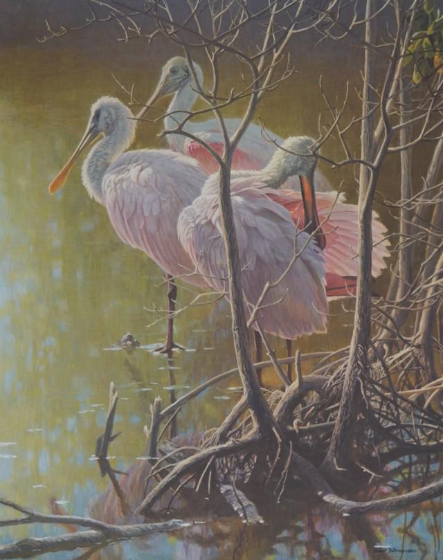 Robert Bateman signed and numbered print: Robert Bateman signed and numbered print, "Mangrove Morning-Roseate Spoonbills" 67/2000, image size 24.75" x 19.5", workshop folder included (P 36)
