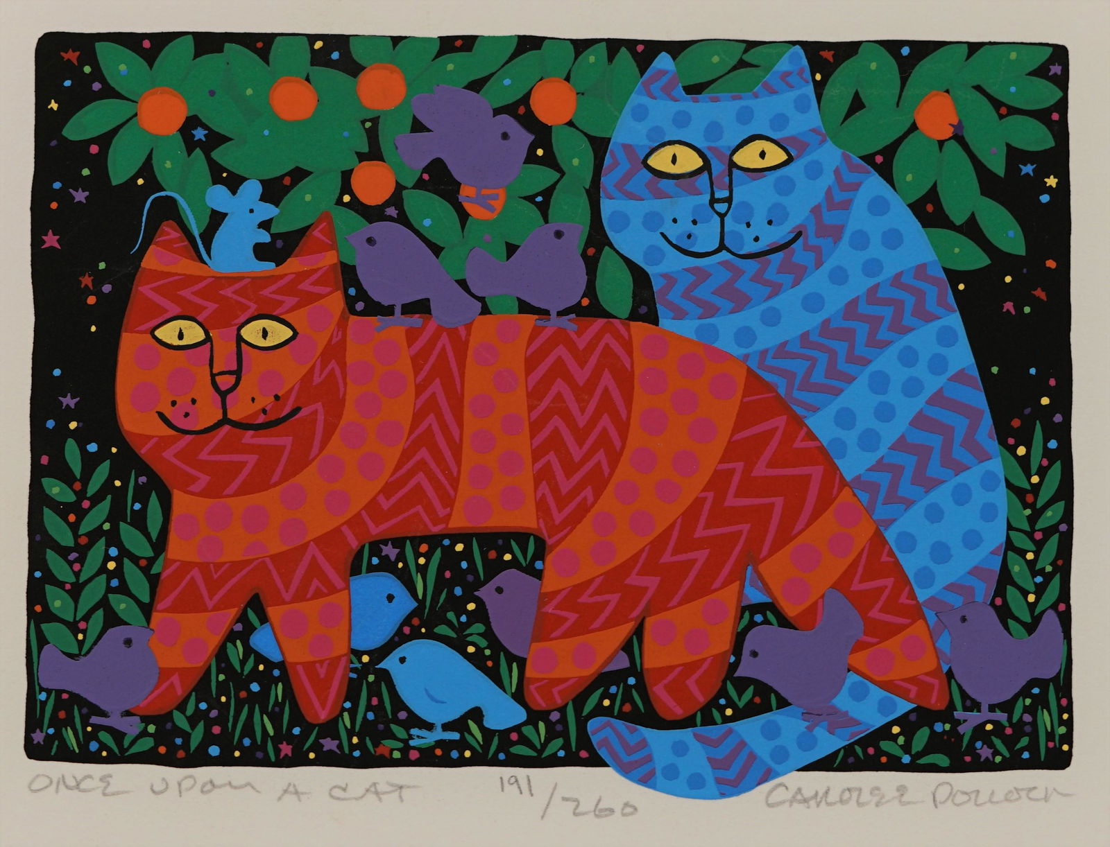 Carolee Pollock signed and numbered print: Carolee Pollock signed and numbered print, "Once Upon a Cat" 191/260, matted and framed size 9" x 10.5" (P 58)