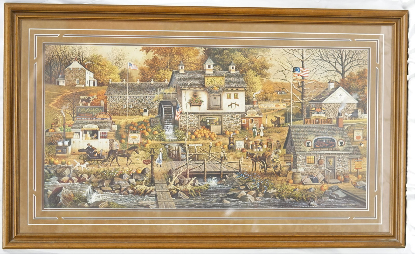 Charles Wysocki signed and numbered print: Charles Wysocki signed and numbered print, "Olde Bucks County" 507/2500, double matted and frame size 31" x 52", COA and workshop folder included (P 36)