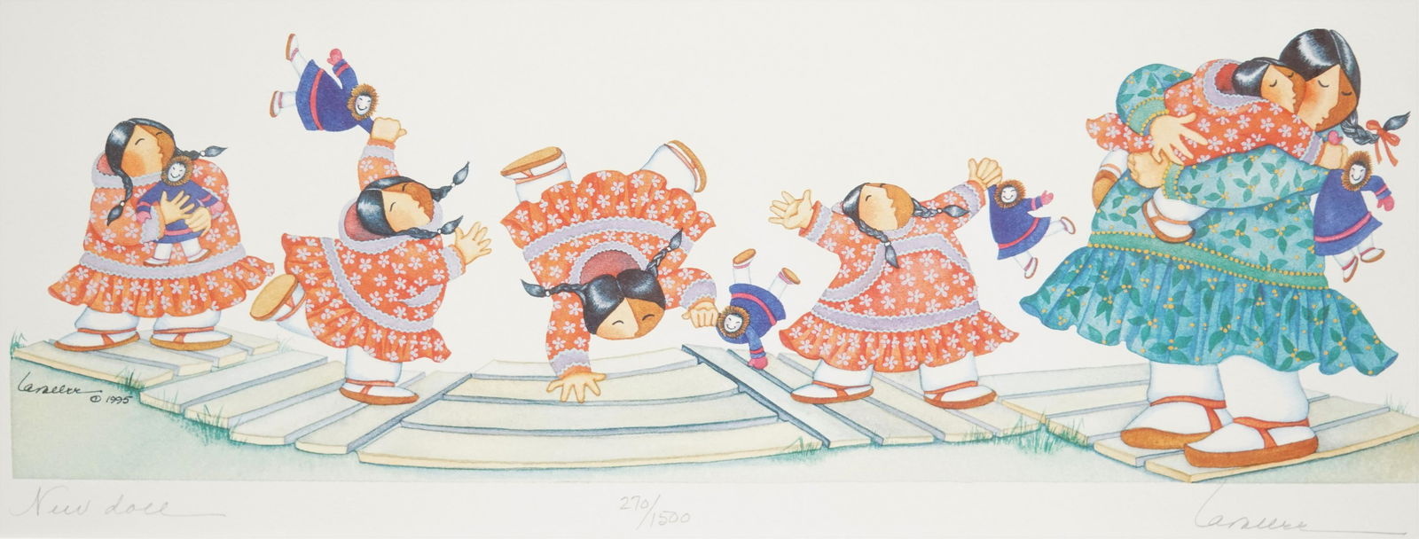 Barbara Lavallee signed and numbered print: Barbara Lavallee signed and numbered print, "New Doll" 270/1500, double matted and frame size 11.25" x 19.75" (P 36)