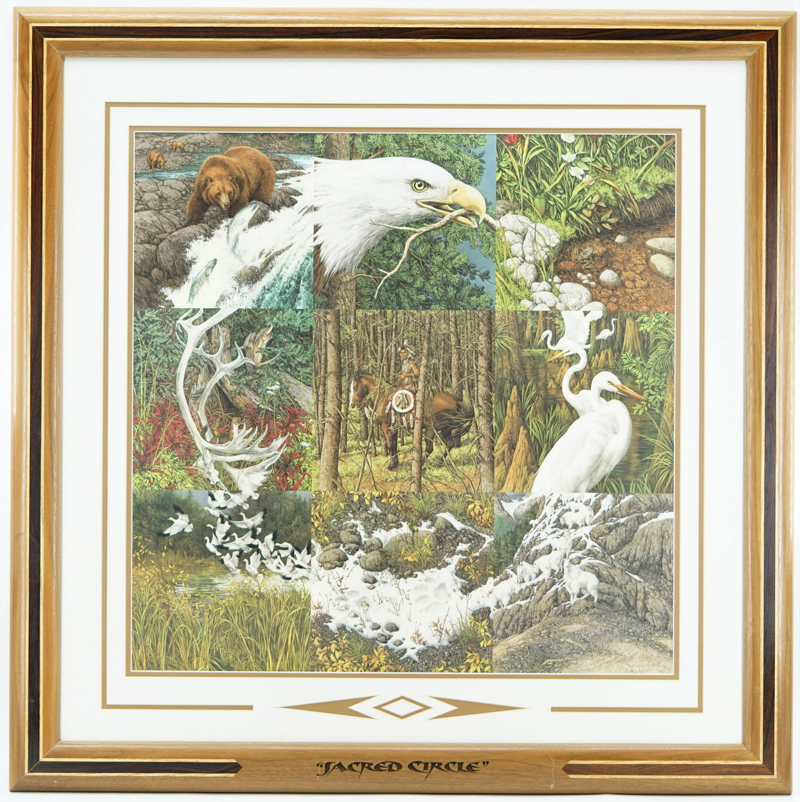 Bev Doolittle signed and numbered print: Bev Doolittle signed and numbered print, "Sacred Circle" title engraved on frame, 18,269/40,192, double matted and frame size 33" x 33", documentation and workshop folder included (P 36)