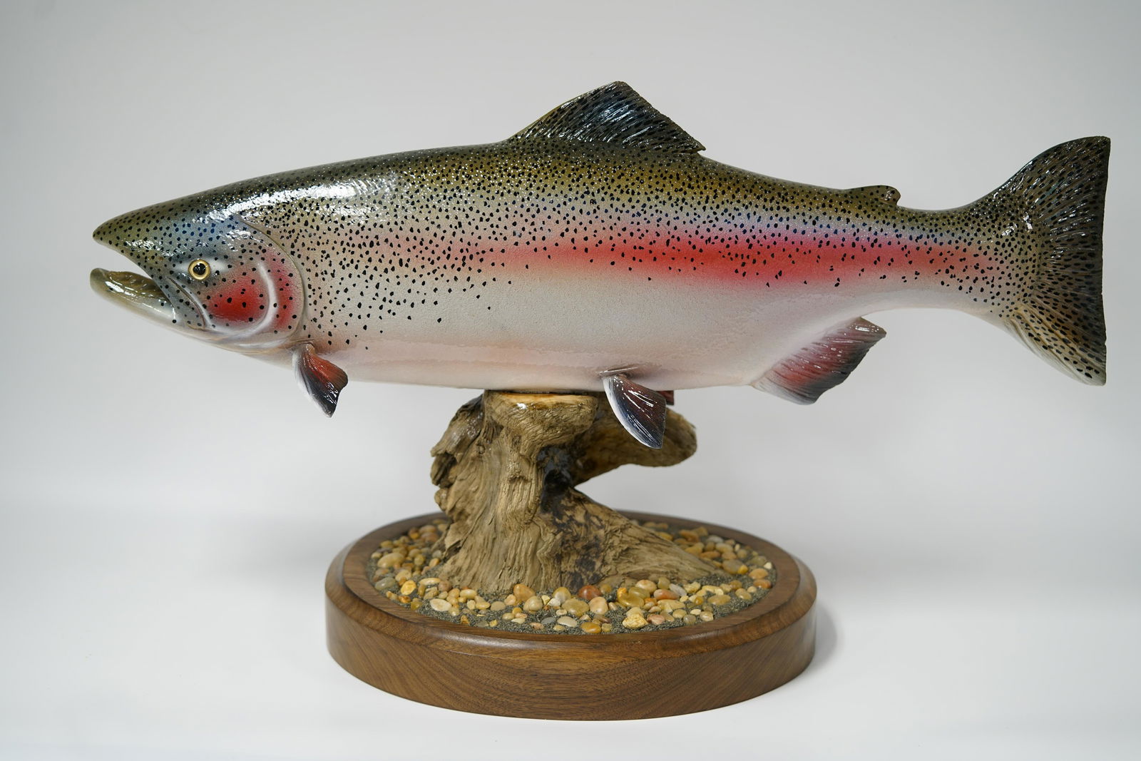 Michael Scott wood carving of a salmon: Michael Scott wood carving of a salmon made from cotton wood on a wood and rock display base, 23.5" long x 14" high (P 22)
