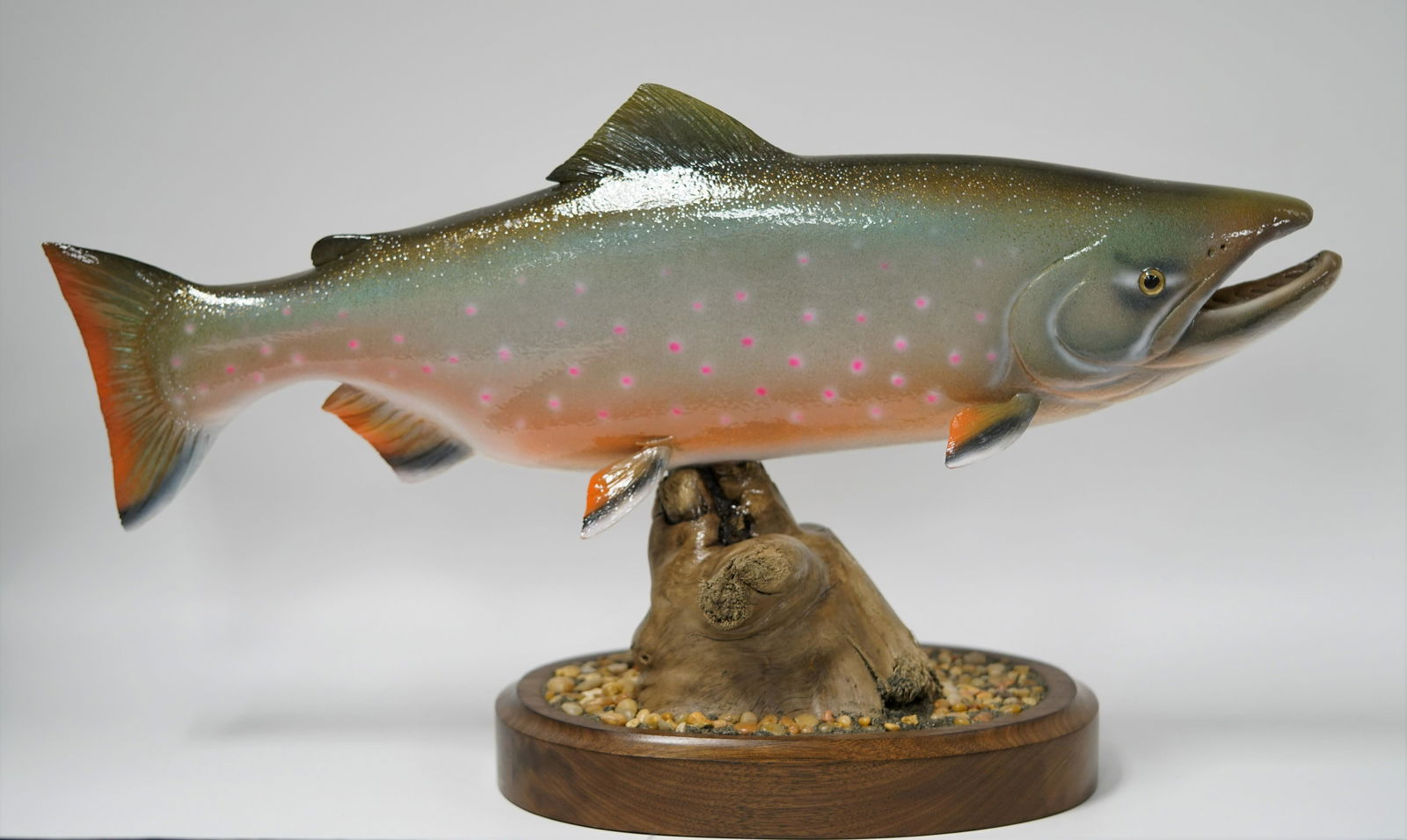 Michael Scott wood carving of a salmon: Michael Scott wood carving of a salmon made from cotton wood on a wood and rock display base, 23.5" long x 14" high (P 22)