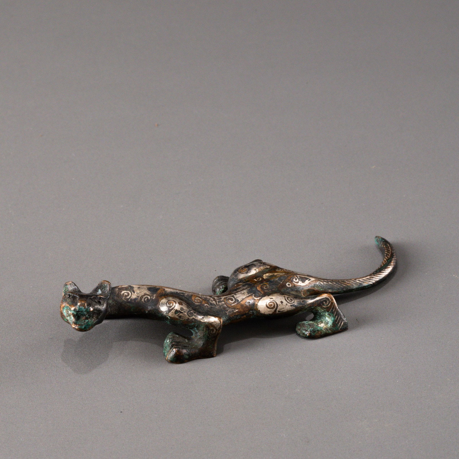 Warring States Period Bronze Inlaid Silver Chi Dragon: W: 12cm H: 2.5cm