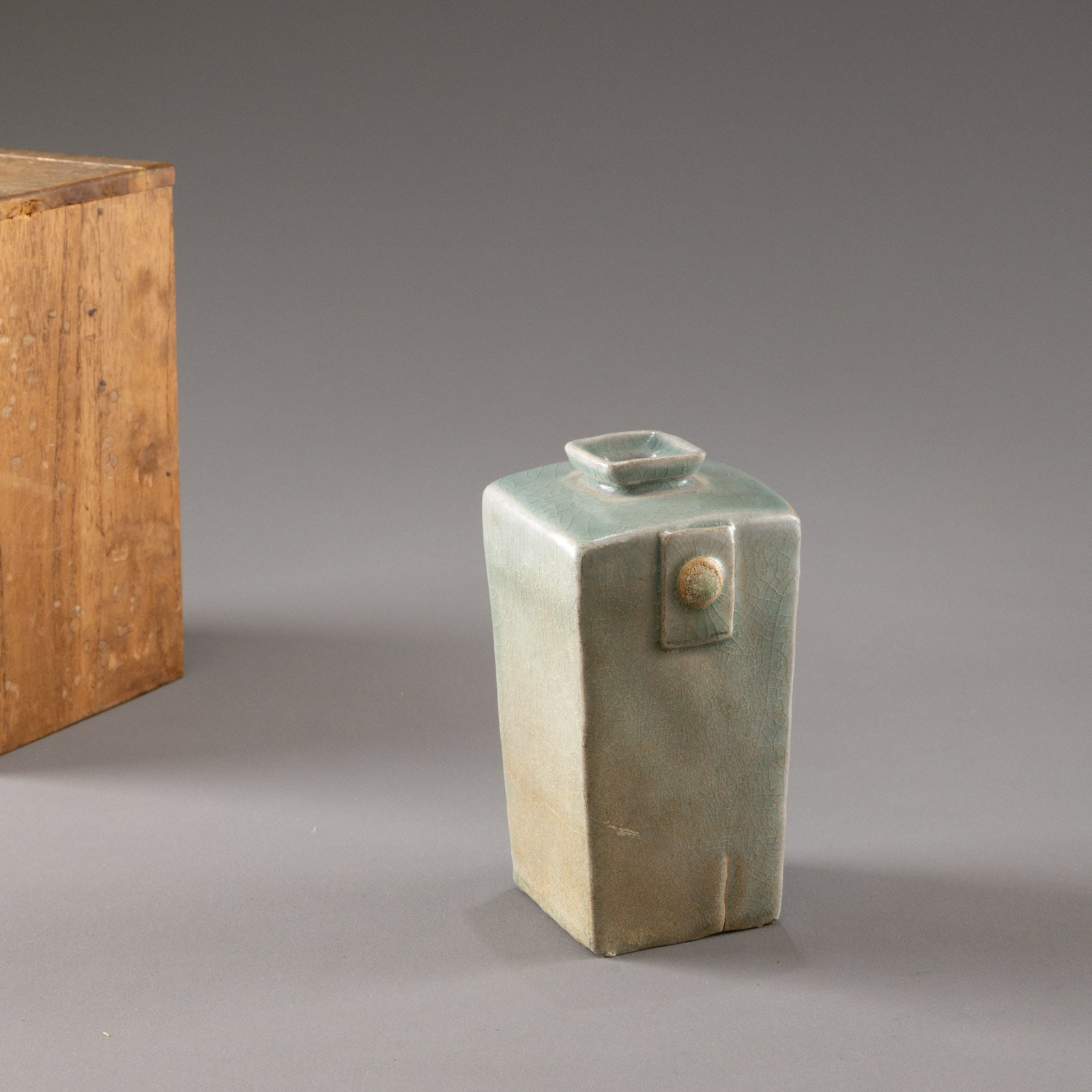 Korean Blue Porcelain Double-Eared Square Bottle: H: 12.5cm W: 6cm