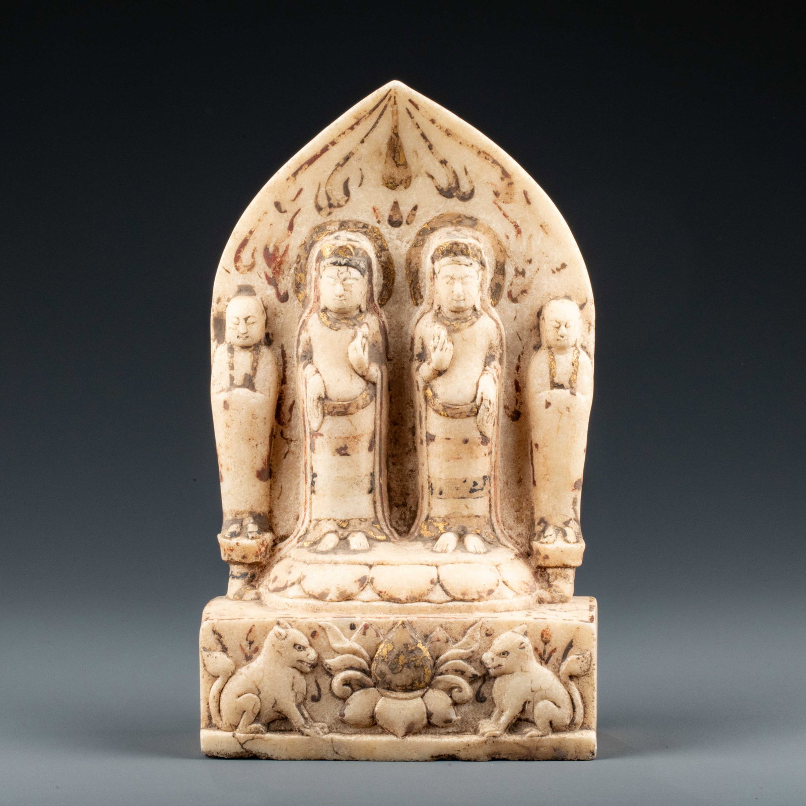 Northern Qi and Han Dynasty White Jade Double-Jeweled Buddha with Gold and Color (1 of 9)