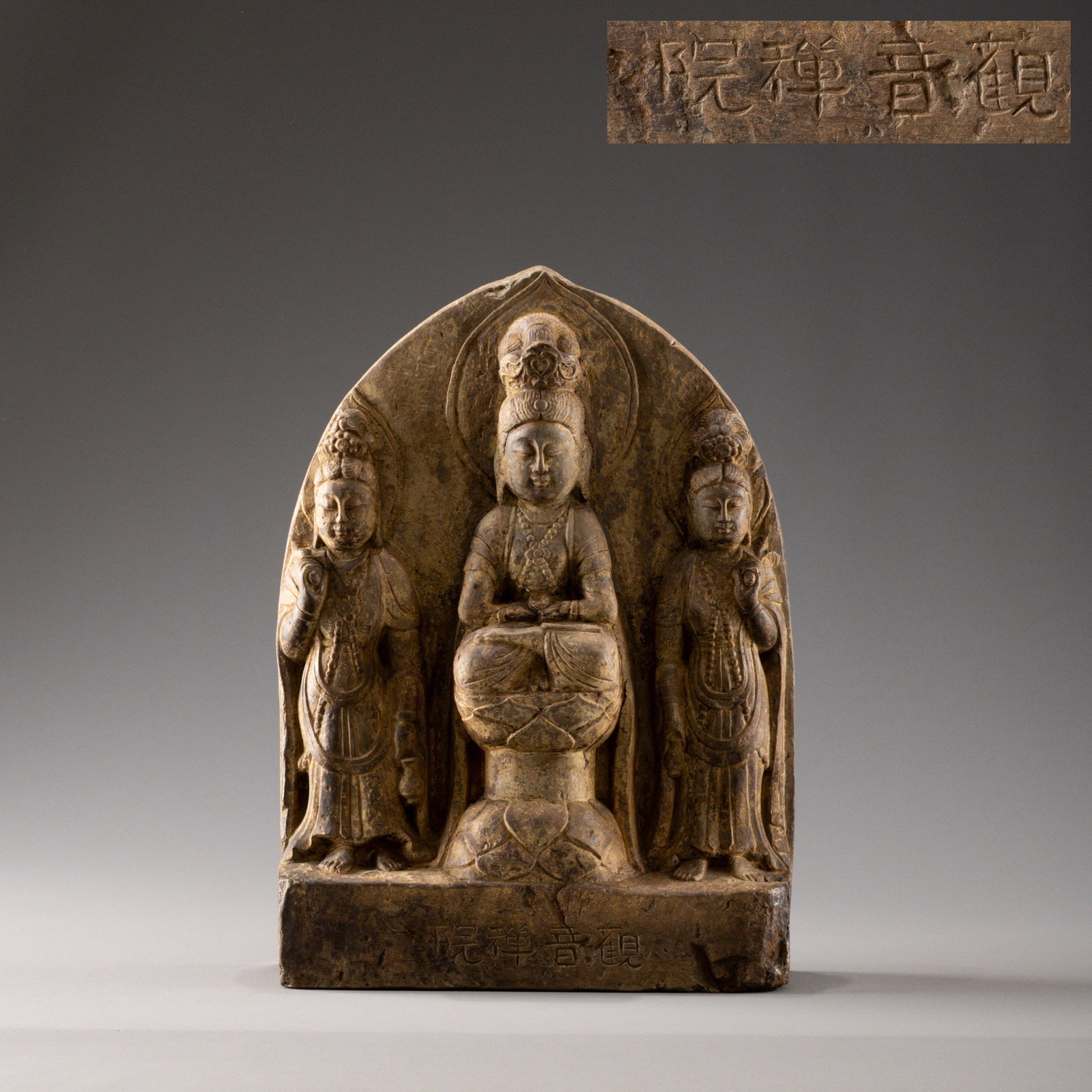 Northern Wei Dynasty Stone Carved Guanyin Triad: H: 39cm W: 27cm