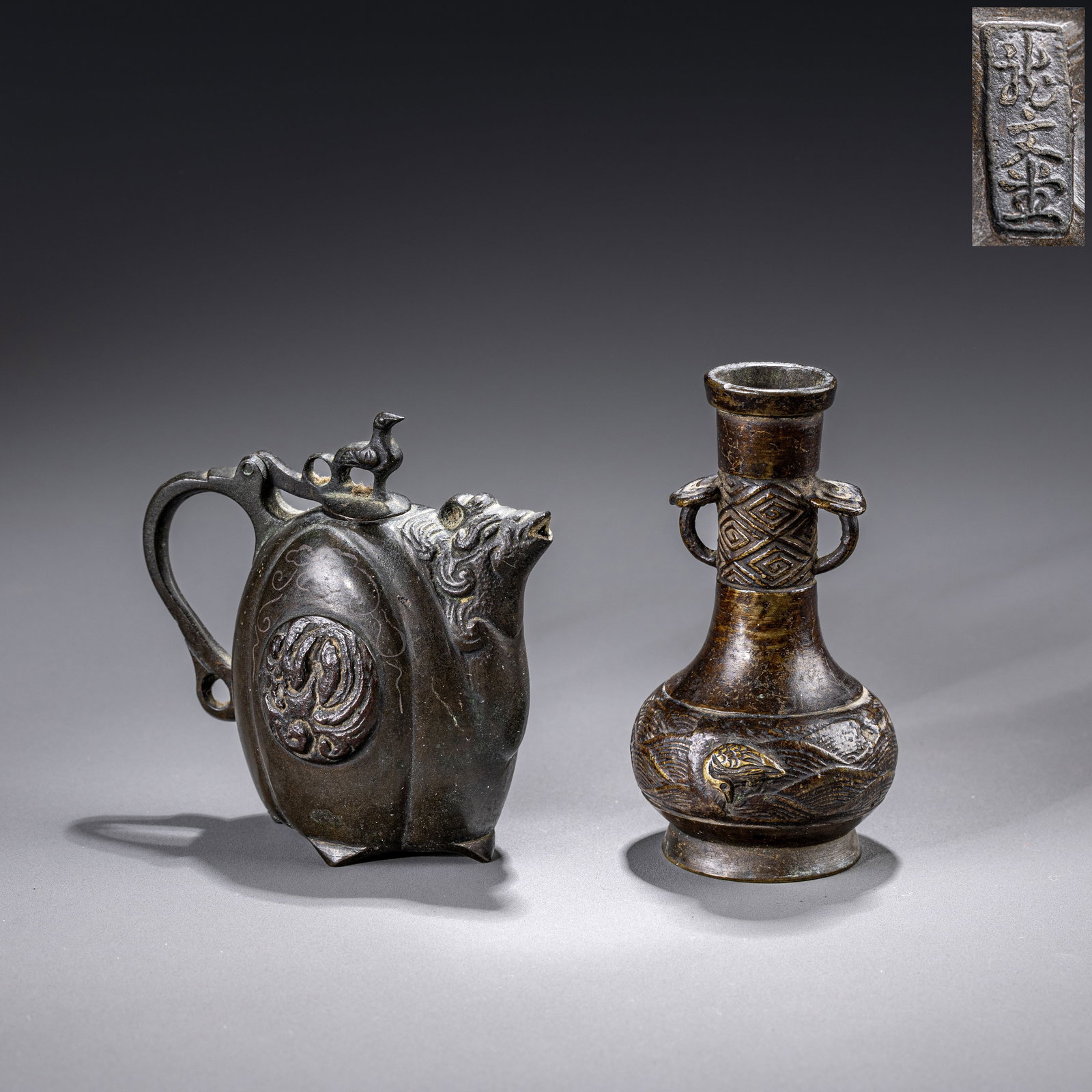 A Qing dynasty bronze inkstone inlaid with silver wire in the shape of a rooster; a small bronze (1 of 16)