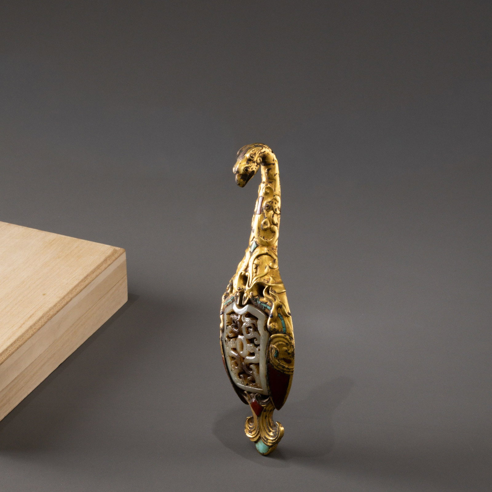 Warring States Period Gilded Bronze Belt Hook Inlaid with Jade and Gemstones (1 of 8)