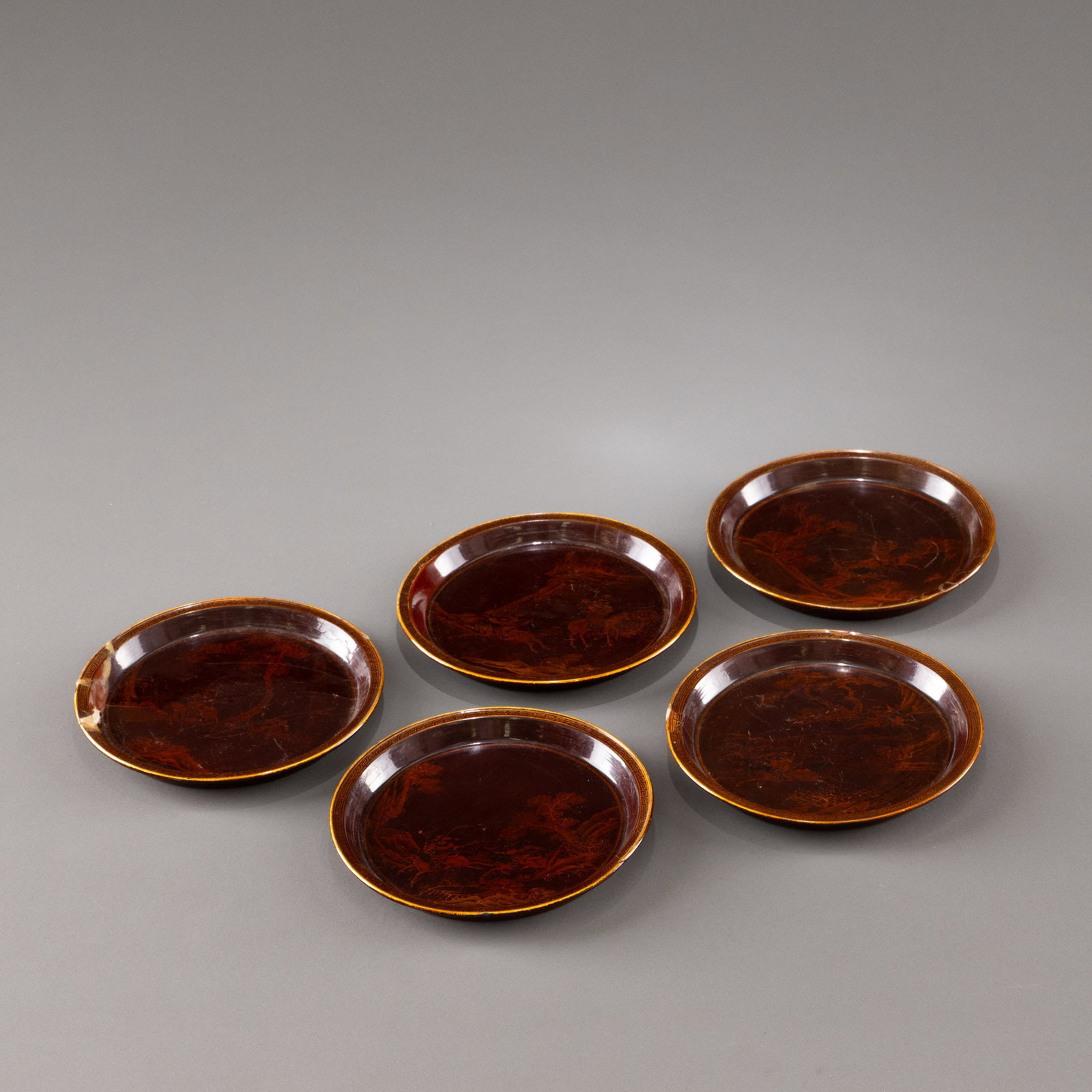 Five Qing Dynasty Imperial Lacquerware Tea Trays with Figural and Story Designs: D: 11.8cm x 5