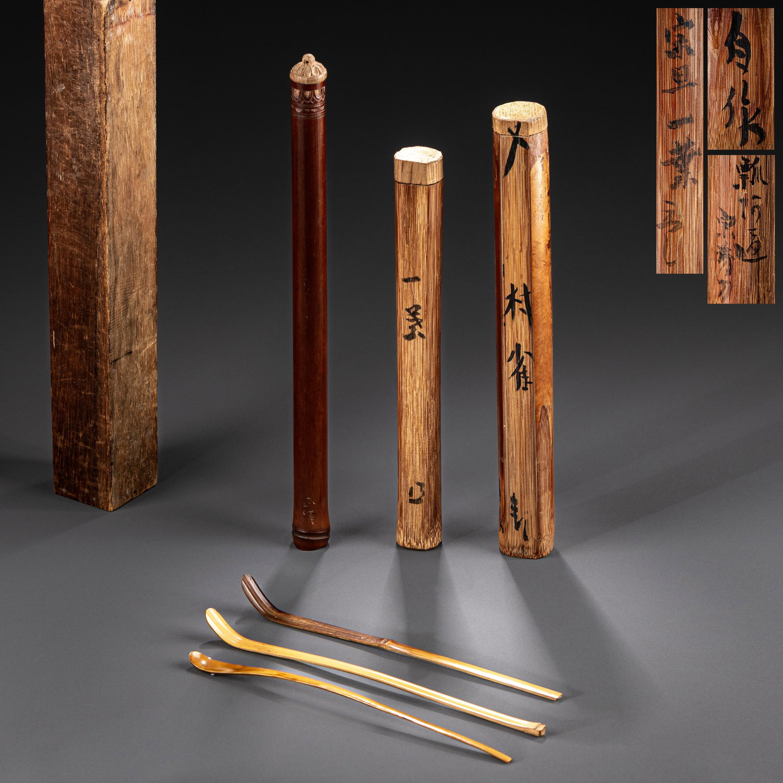 There are 3 wooden tea scoops and incense holders.: Different sizes x3