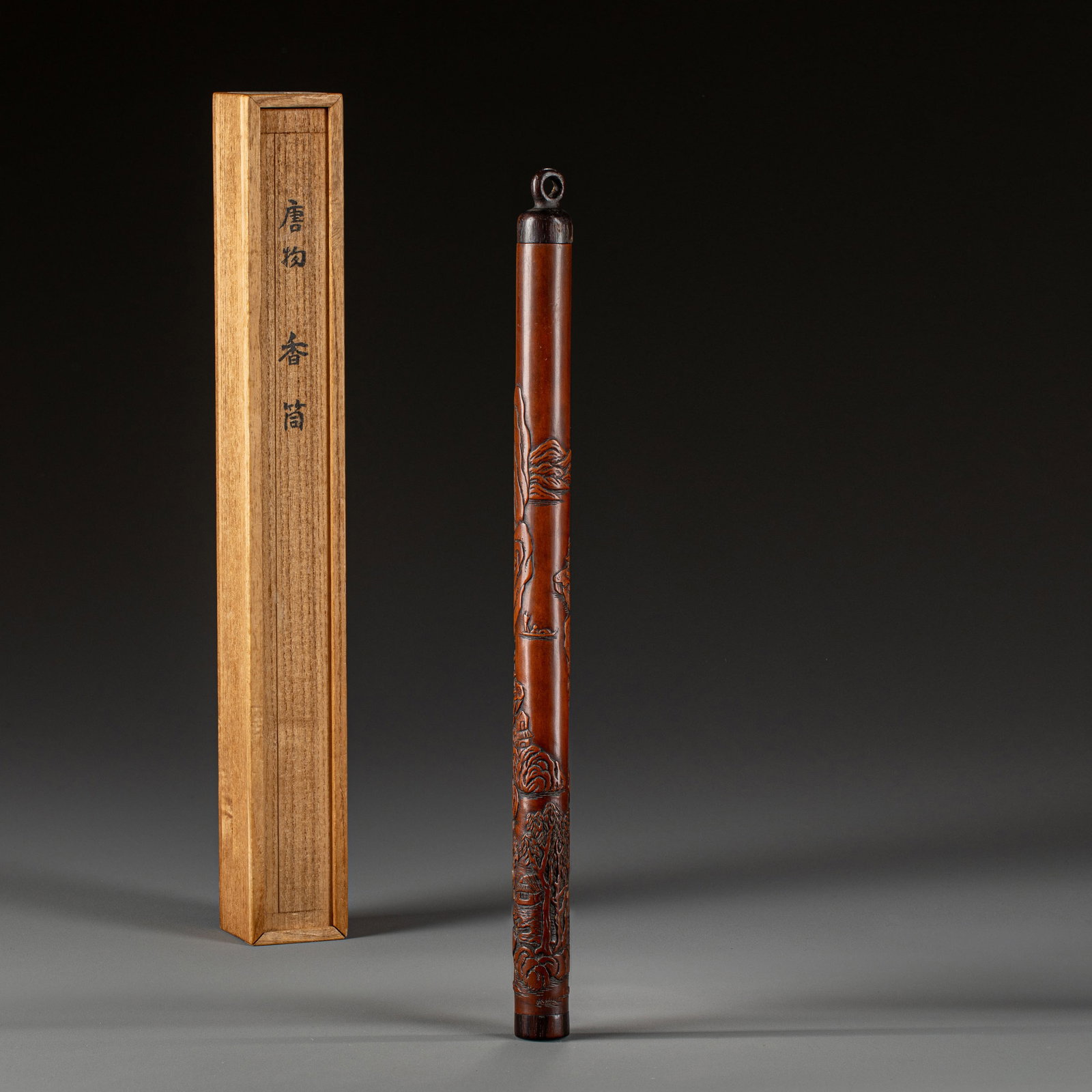 Natural wood carved landscape incense burner: L:34cm